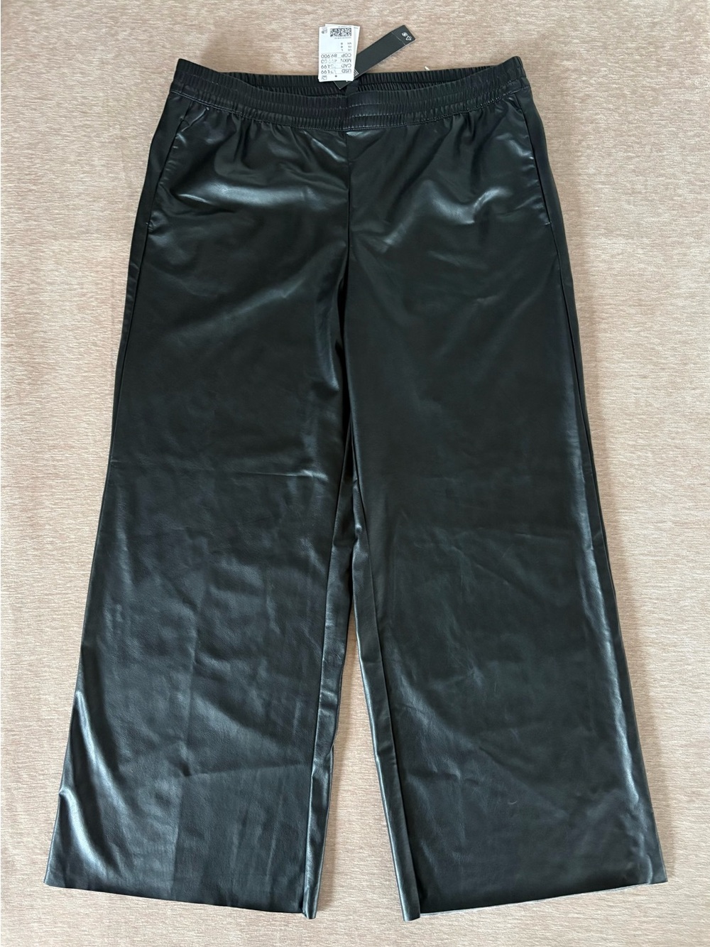 Divided Black Wide-Leg Faux Leather Pants No-Hem Elastic Waistband Women’s L NWT
